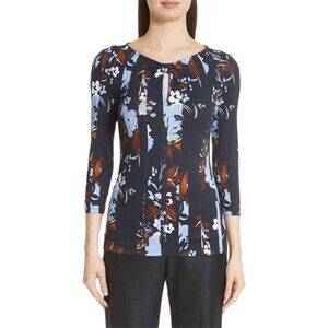 St John Blue Floral Keyhole Knit Blouse Size M Classic Designer Top MSRP $275